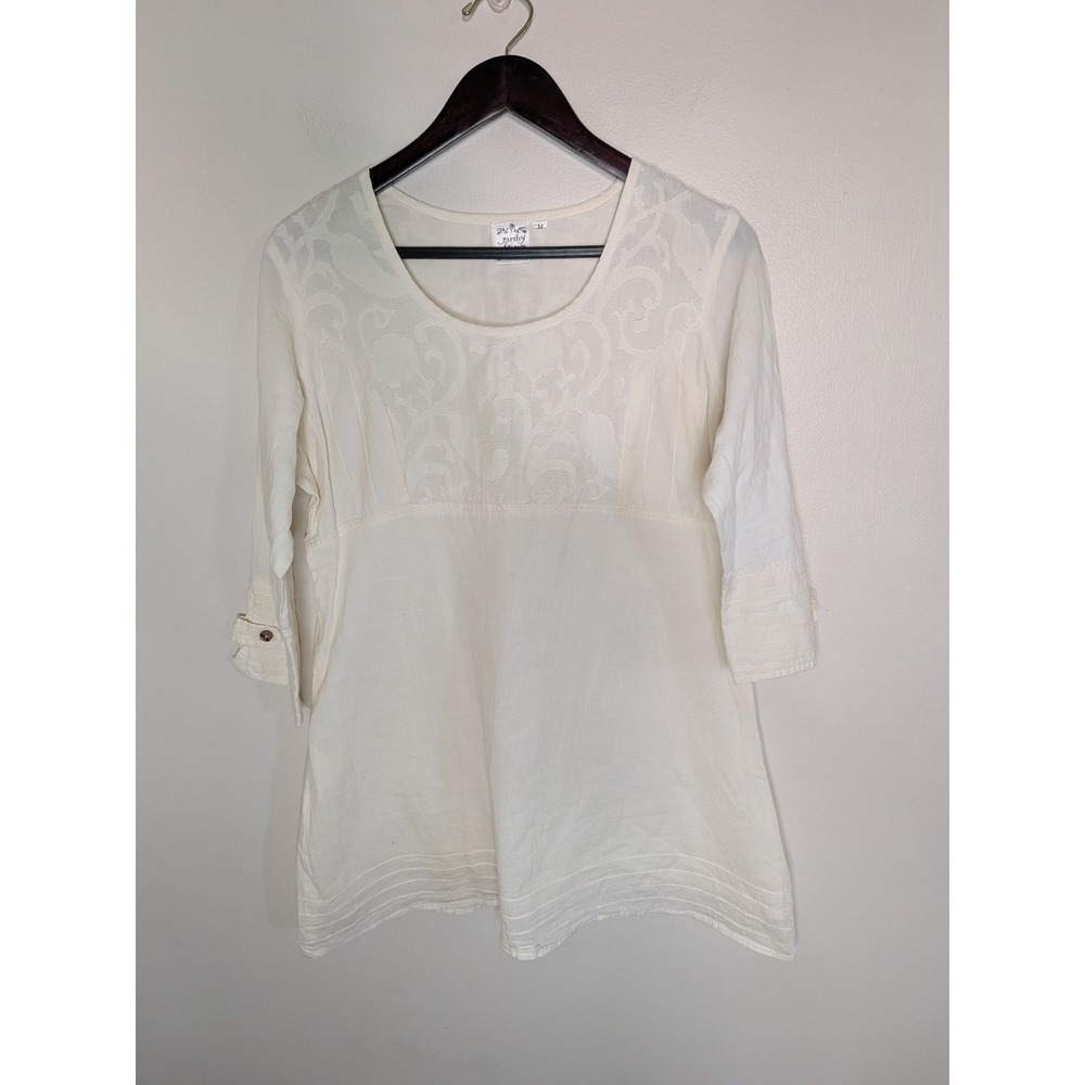 Parsley & Sage 3/4 Sleeve Ivory Artsy Boho Lagenlook Swing Tunic Top Size M